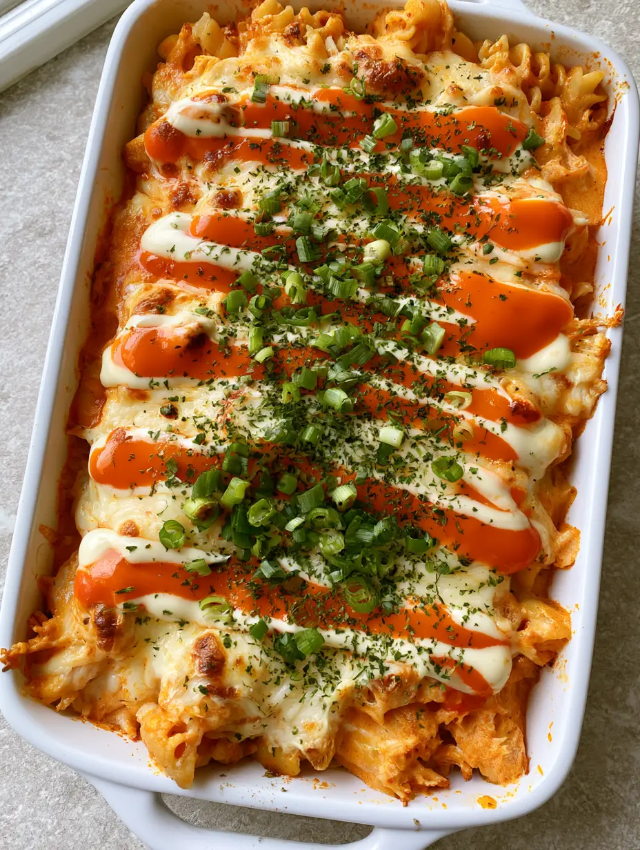 A close-up shot of rotini pasta coated in thick orange buffalo ranch sauce with shredded chicken and melted mozzarella. (Buffalo Ranch Chicken Pasta Bake)