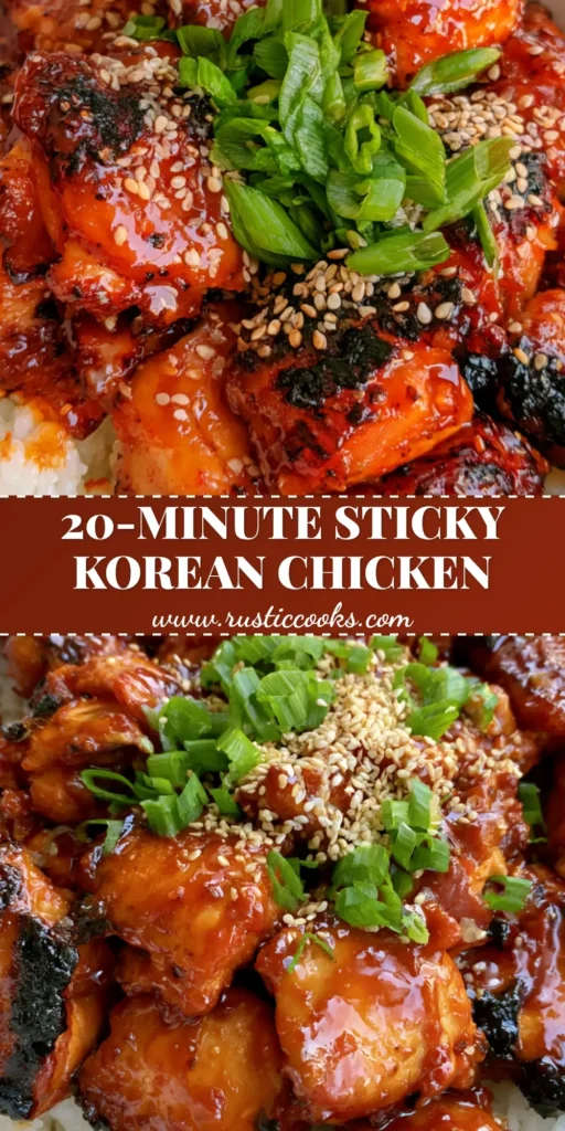 A handheld smartphone photo of a white ceramic bowl filled with sticky Gochujang chicken garnished with sesame seeds and green onions on a wooden surface. (Gochujang Chicken)
