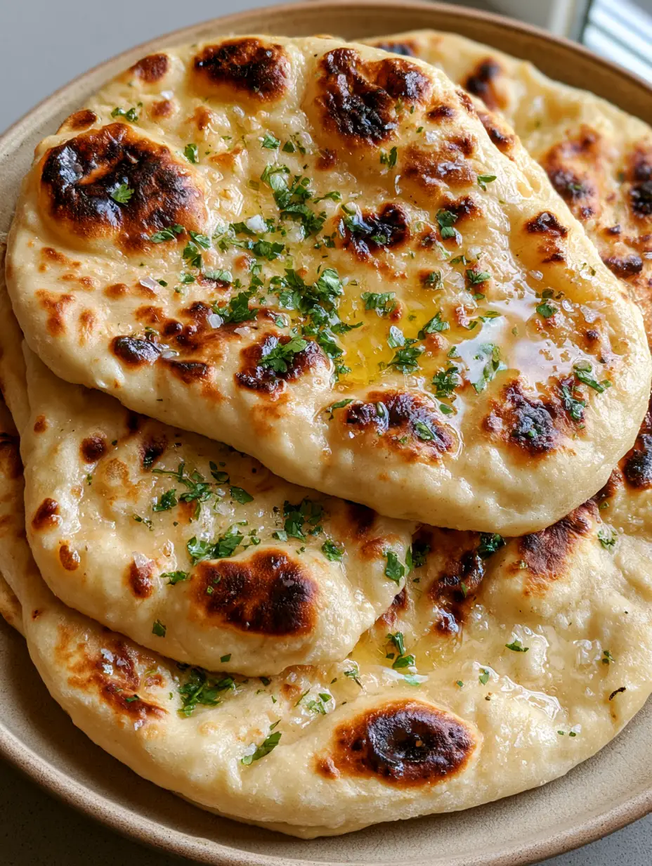 Close-up handheld photo of soft sourdough discard naan bread with melted butter and charred spots.