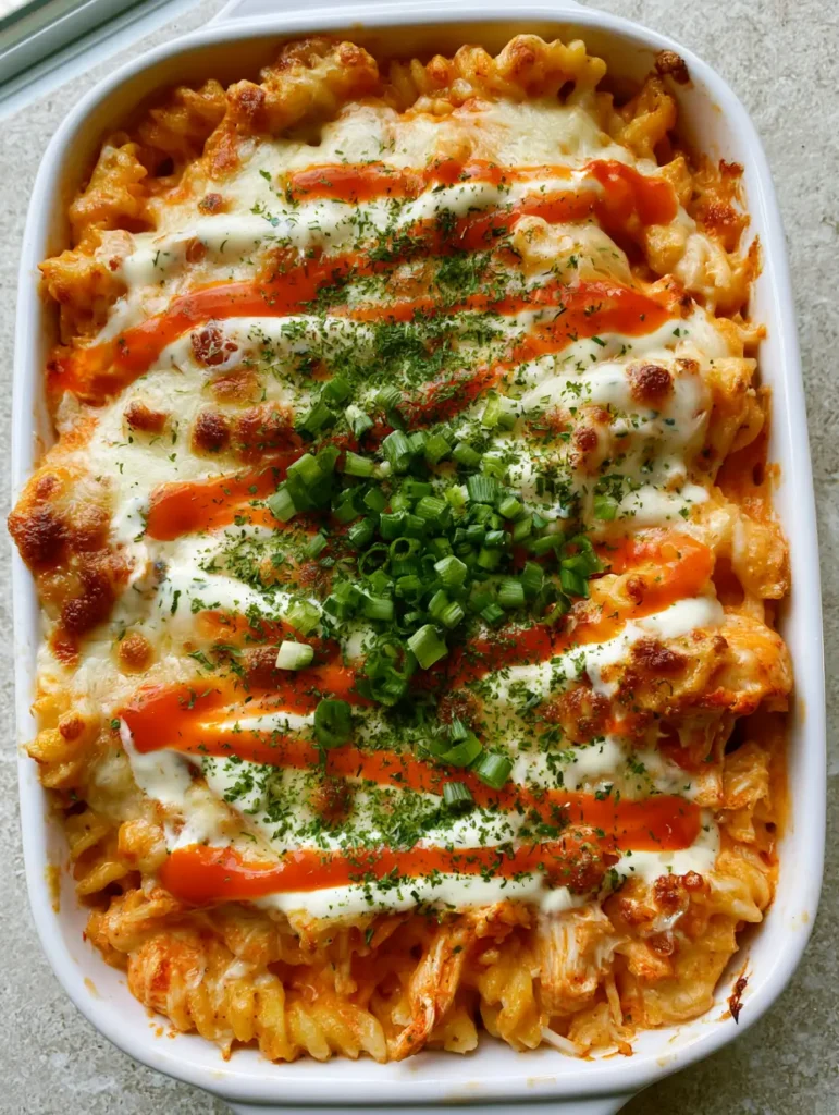 Top-down view of a baking dish with golden-brown cheese bubbles, buffalo and ranch drizzle, and fresh green onion garnish.