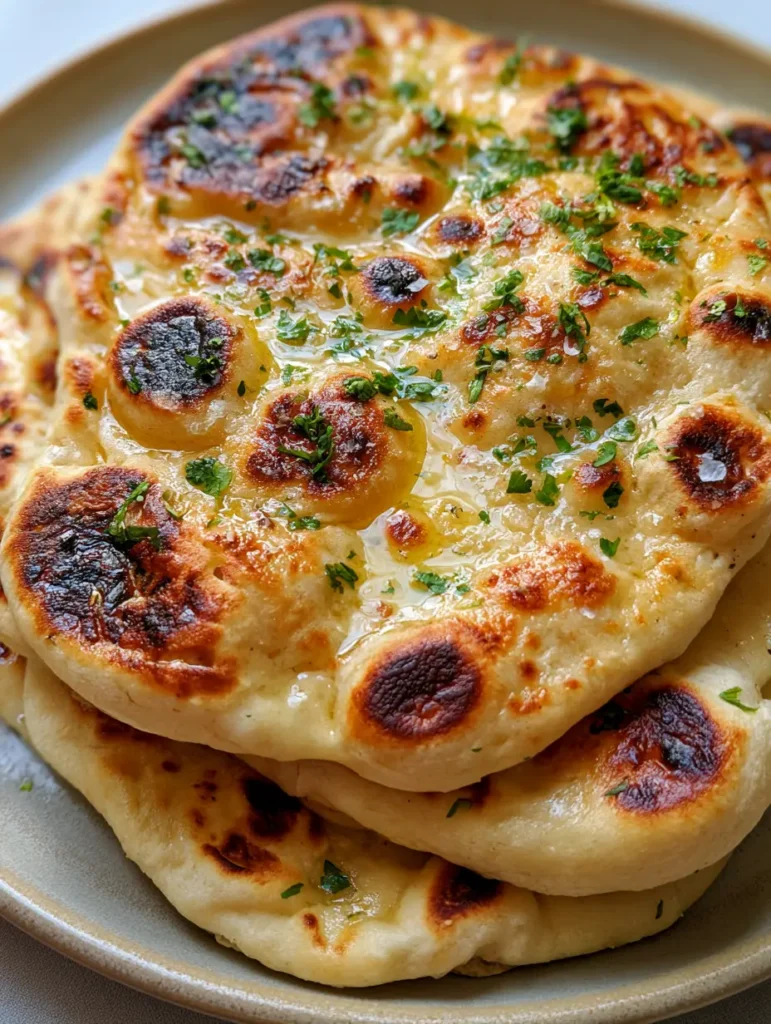Sourdough discard naan stacked on a neutral plate with sea salt flakes and cilantro garnish.