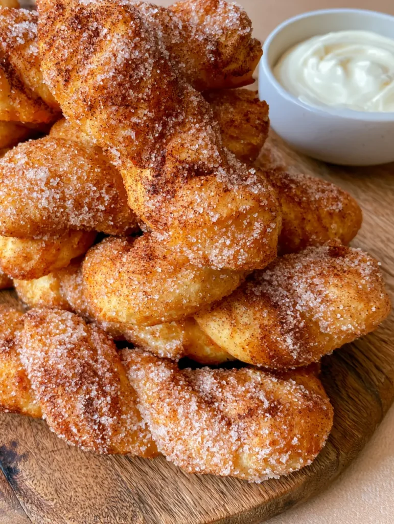 Air Fryer Cinnamon Sugar Twists with Cream Cheese Dipping Sauce 2 Golden brown and crispy Air Fryer Cinnamon Sugar Twists showing the crystalline sugar texture. (Air Fryer Cinnamon Sugar Twists)