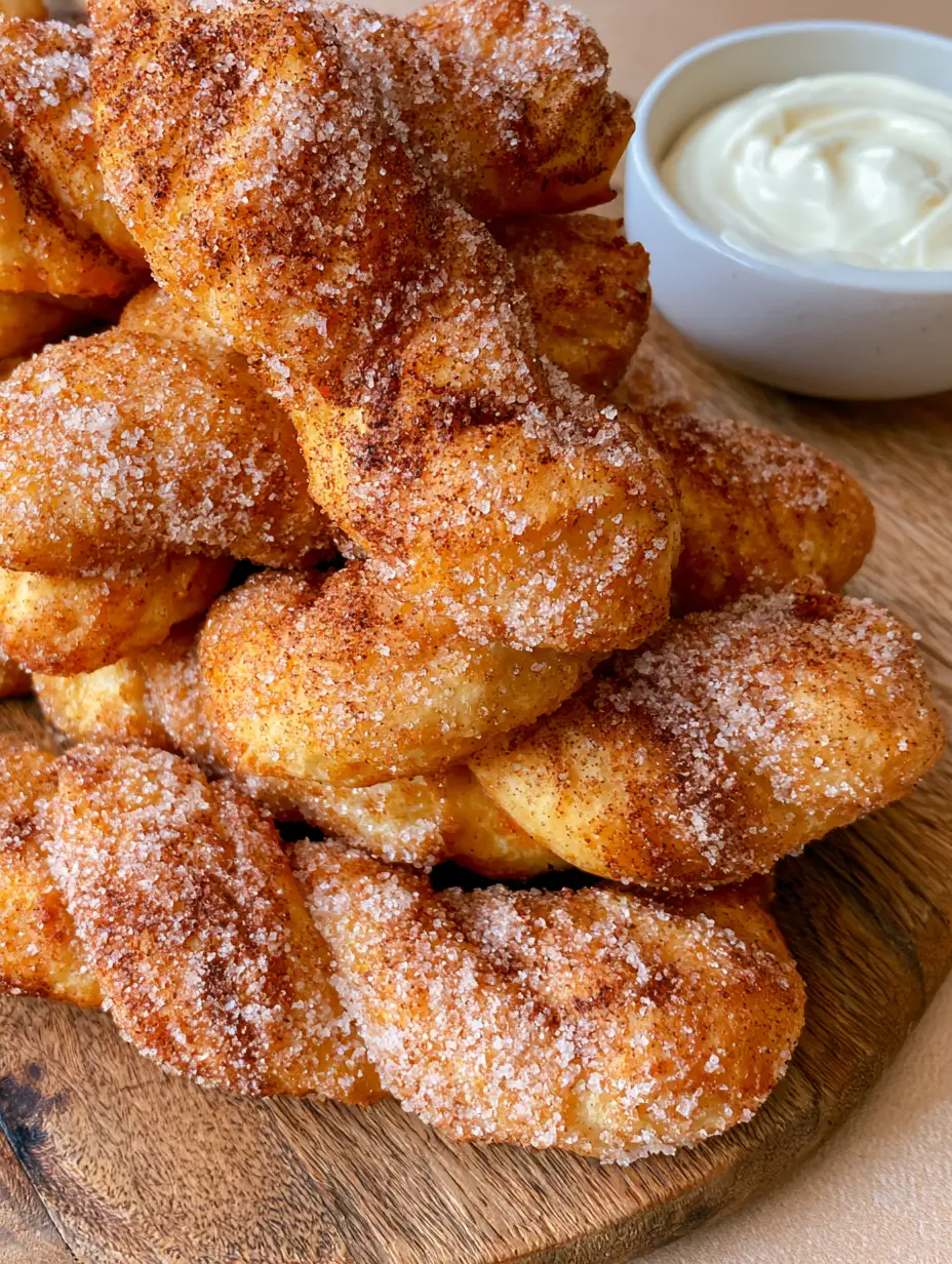 Air Fryer Cinnamon Sugar Twists with Cream Cheese Dipping Sauce 3 Golden brown and crispy Air Fryer Cinnamon Sugar Twists showing the crystalline sugar texture. (Air Fryer Cinnamon Sugar Twists)