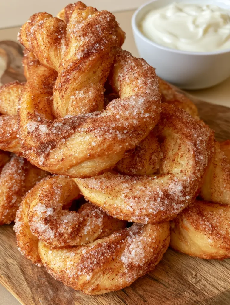Air Fryer Cinnamon Sugar Twists with Cream Cheese Dipping Sauce 1 A close up of thick puffy air-fried cinnamon dough spirals with glossy white dip.
