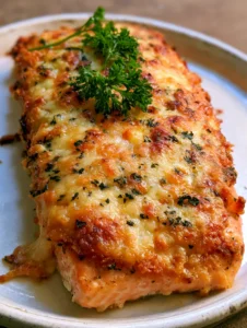 Close-up of baked salmon showing the flaky texture and the dense uneven parmesan breadcrumb crust with light char marks.