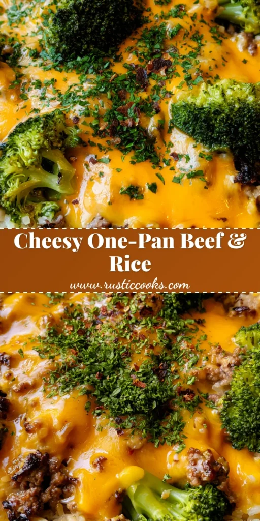 Cheesy Beef and Broccoli Rice: The Ultimate One-Skillet Comfort Meal 4 A bubbling cast iron skillet filled with Cheesy Beef and Broccoli Rice, topped with fresh parsley and red pepper flakes.