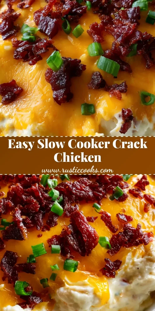 A white ceramic bowl filled with creamy Slow Cooker Crack Chicken topped with melted orange cheddar, crispy dark-red bacon, and green onions.