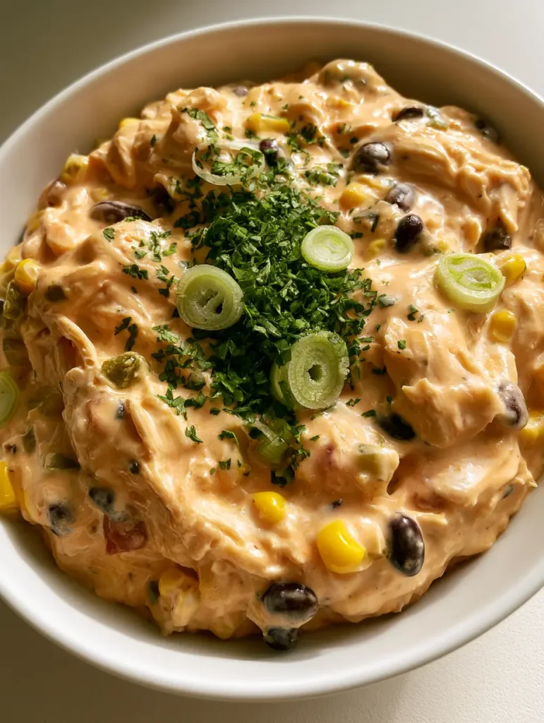 Detailed shot of fiesta chicken showing black beans, yellow corn, and diced green chiles. (Slow Cooker Fiesta Chicken)