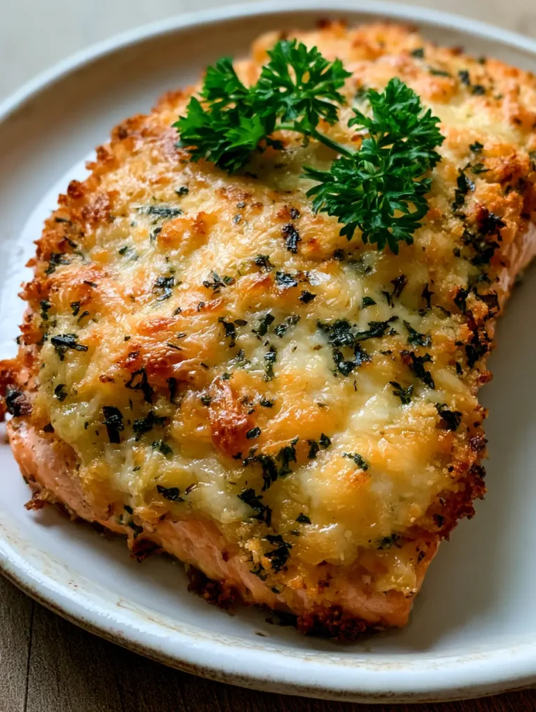 Parmesan Crusted Baked Salmon: The Secret to a Perfectly Crispy, Flaky Fillet 1 Parmesan Crusted Baked Salmon garnished with fresh parsley sprigs on a rustic white ceramic plate sitting on a wooden table.