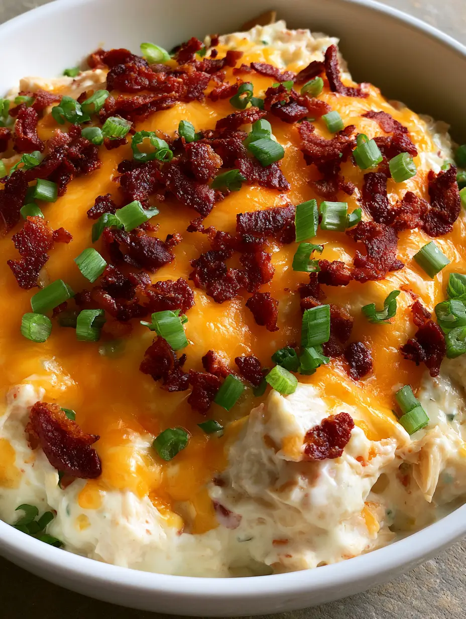 Close-up of tender shredded chicken in a thick ranch sauce with bubbly cheddar cheese. (Slow Cooker Crack Chicken)