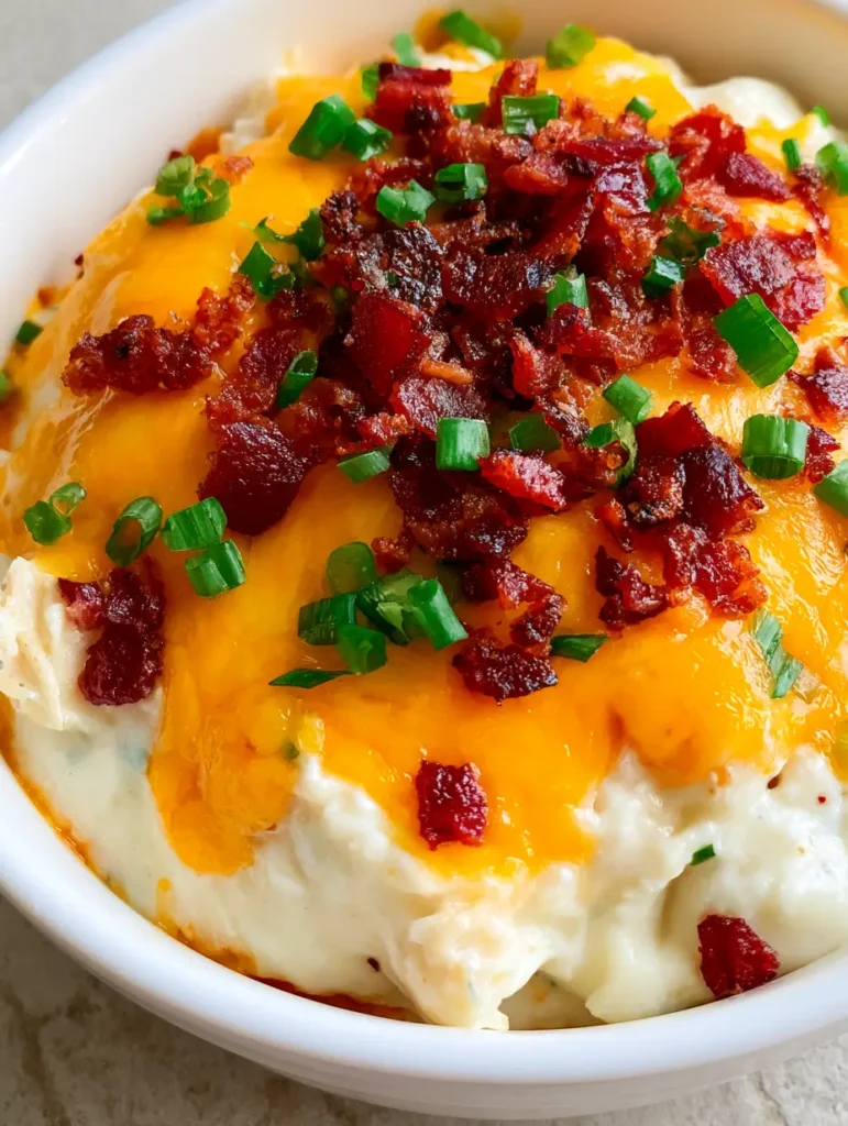 Overhead view of Slow Cooker Crack Chicken showing the contrast of dark-red bacon bits and fresh green onions on melted cheese.