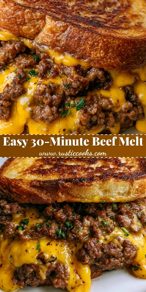 A close-up of a Cheesy Ground Beef Melt on sourdough bread with oozing yellow cheddar cheese and fresh parsley flecks.