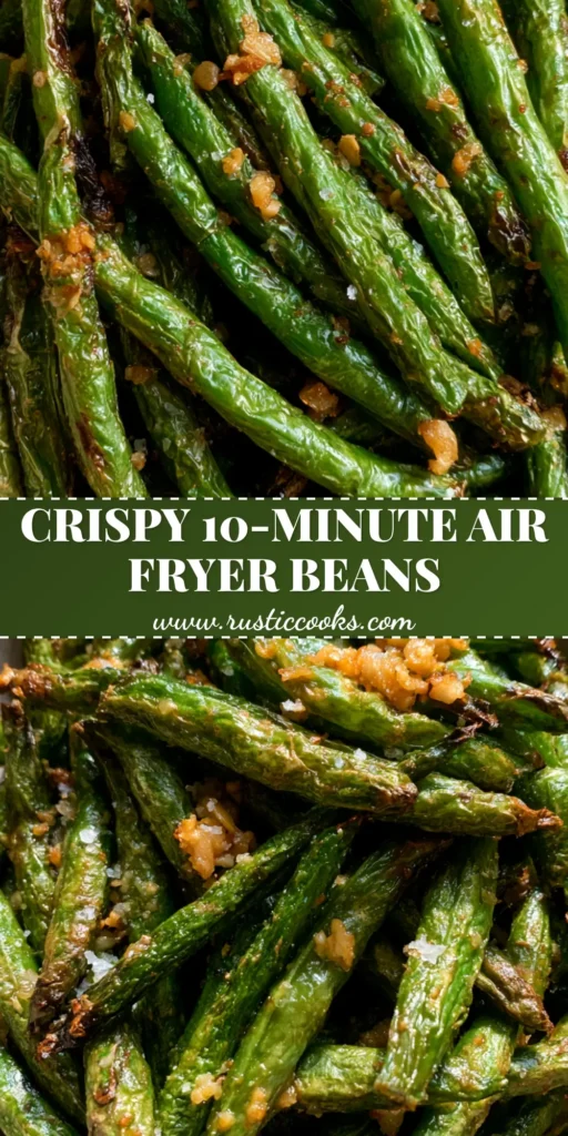 A mound of blistered Air Fryer Green Beans with charred tips and golden garlic in a matte bowl.