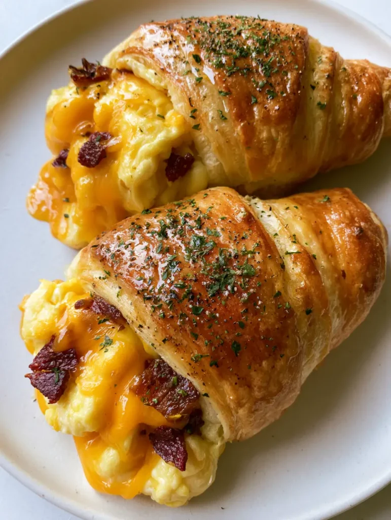 Top-down view of Bacon Egg and Cheese Crescent Rolls showing flaky layers and melted orange cheese drips.