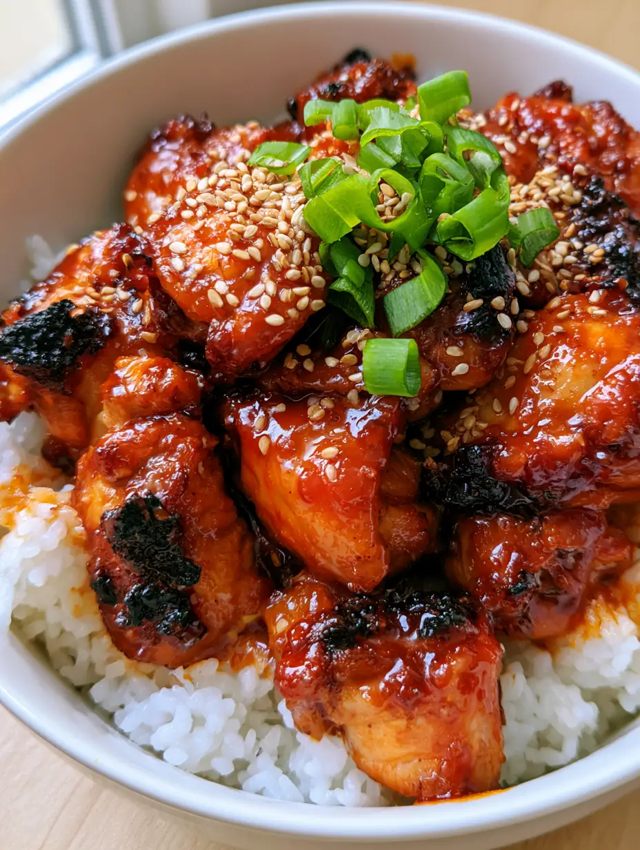 Bite-sized charred Gochujang Chicken pieces heavily coated in a glossy reddish-orange sauce in a white bowl. (Gochujang Chicken)