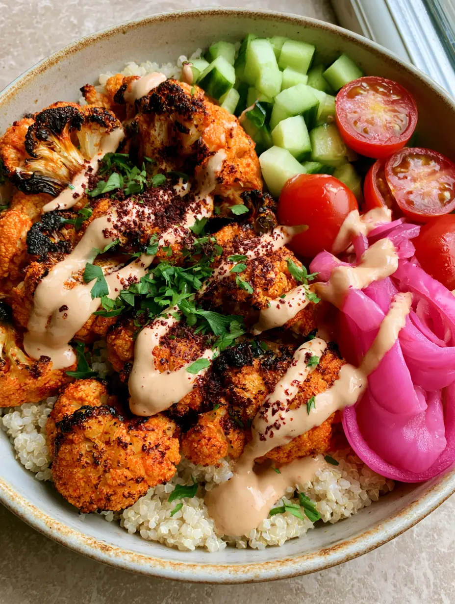 Cauliflower Shawarma Bowl with Fluffy Quinoa and Creamy Tahini 3 Close up of charred roasted cauliflower with orange-red spices in a Cauliflower Shawarma Bowl.