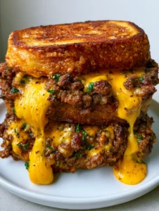 Close-up handheld photo of a Cheesy Ground Beef Melt showing deep golden sourdough and long cheese pulls.