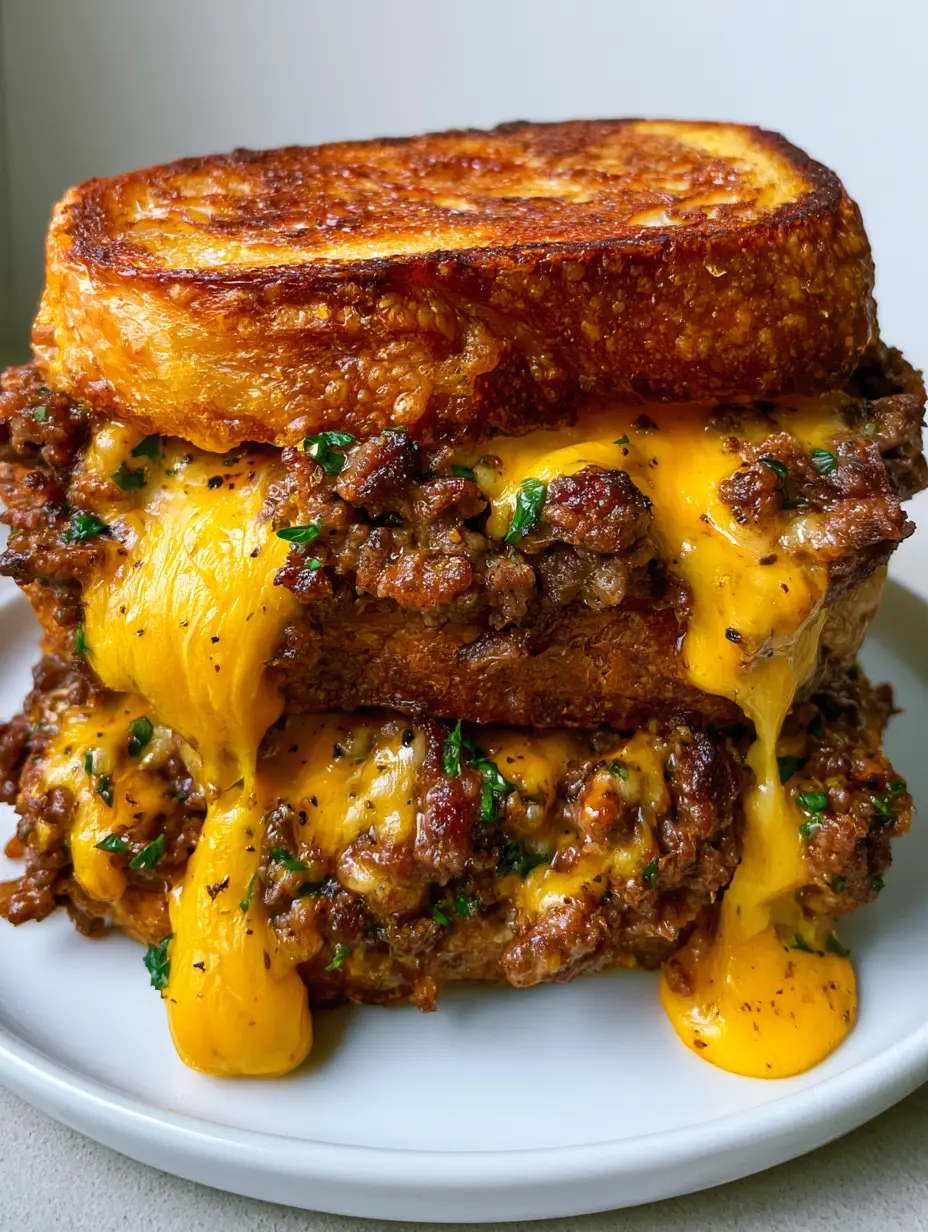 Close-up handheld photo of a Cheesy Ground Beef Melt showing deep golden sourdough and long cheese pulls.