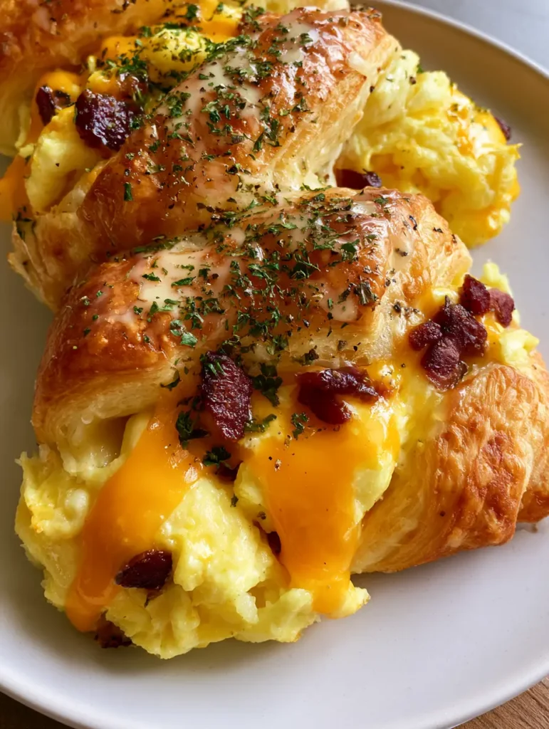 Close-up of the soft-curd scrambled egg and crispy bacon filling inside a golden crescent roll.