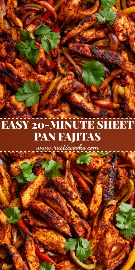 A top-down view of Sheet Pan Chicken Fajitas on a dark metallic tray with charred peppers, red onions, and lime wedges.