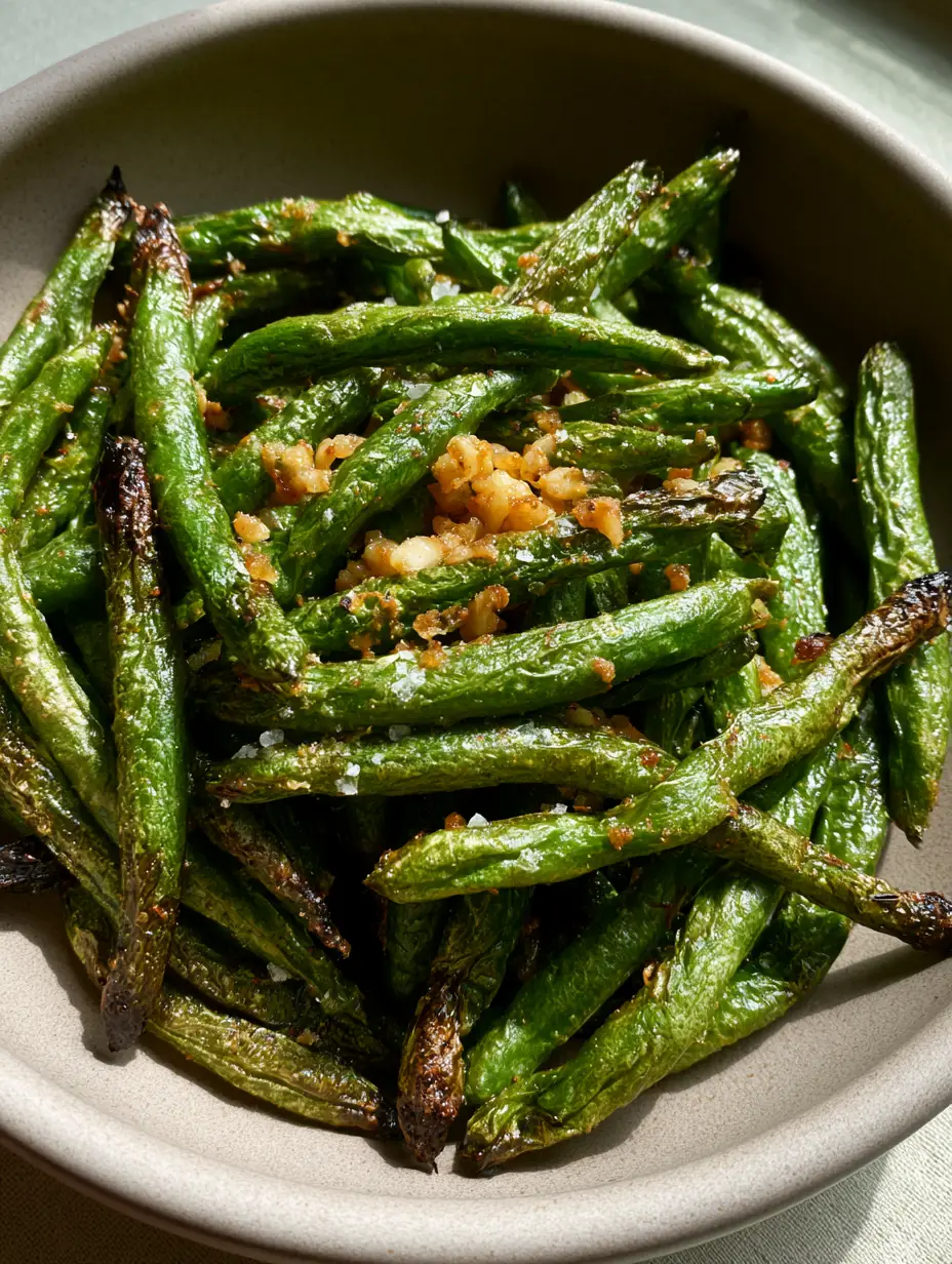 Top-down view of charred Air Fryer Green Beans with visible sea salt flakes and olive oil sheen.