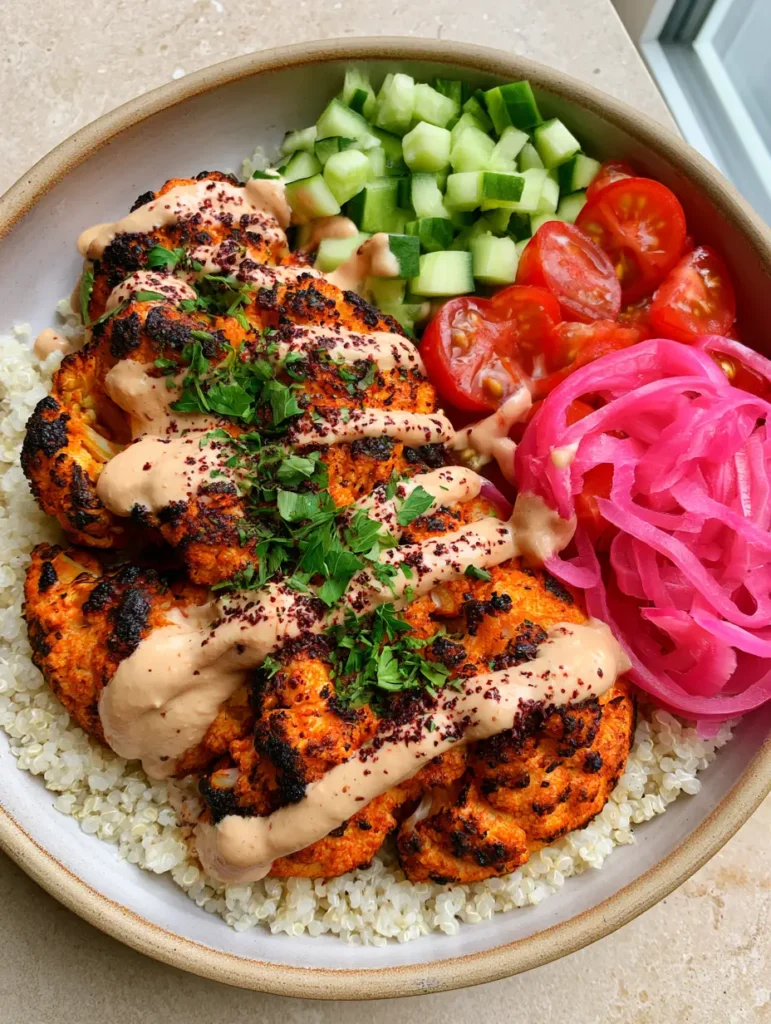 Cauliflower Shawarma Bowl with Fluffy Quinoa and Creamy Tahini 1 A zig-zag drizzle of creamy tahini sauce over a Cauliflower Shawarma Bowl.