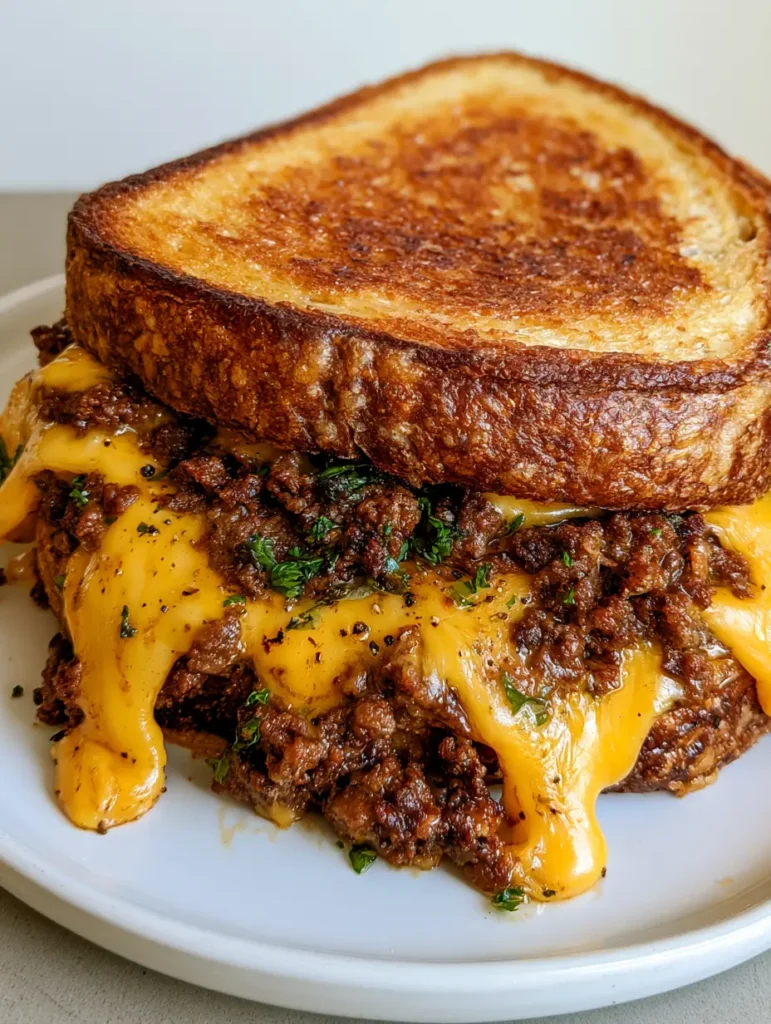 Detailed view of seared ground beef and melted cheddar cheese between thick sourdough slices for a Cheesy Ground Beef Melt.