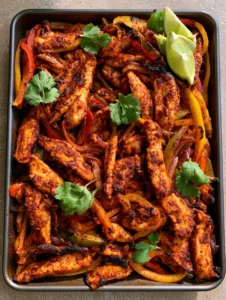 Close up photo of roasted sliced chicken breast and charred tricolor bell peppers on a sheet pan. (Sheet Pan Chicken Fajitas)