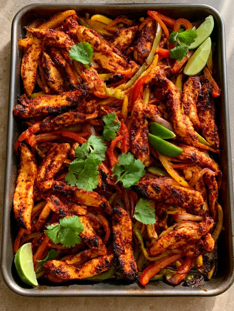 A handheld smartphone style photo of a sheet pan filled with seasoned chicken, peppers, onions, and fresh cilantro.