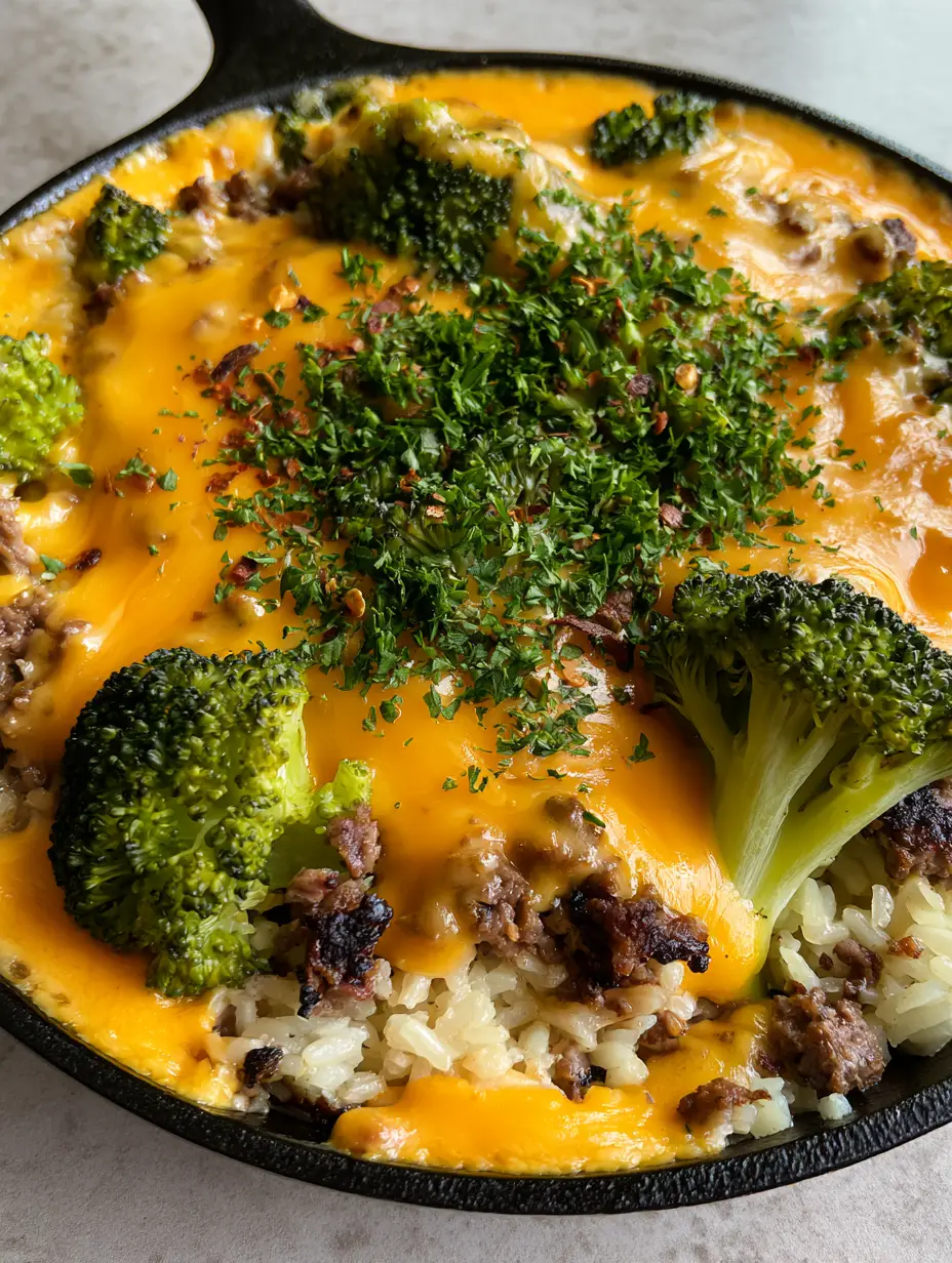 Cheesy Beef and Broccoli Rice: The Ultimate One-Skillet Comfort Meal 3 Close-up of seared ground beef and vibrant broccoli florets in a thick orange cheddar sauce (Cheesy Beef and Broccoli Rice).