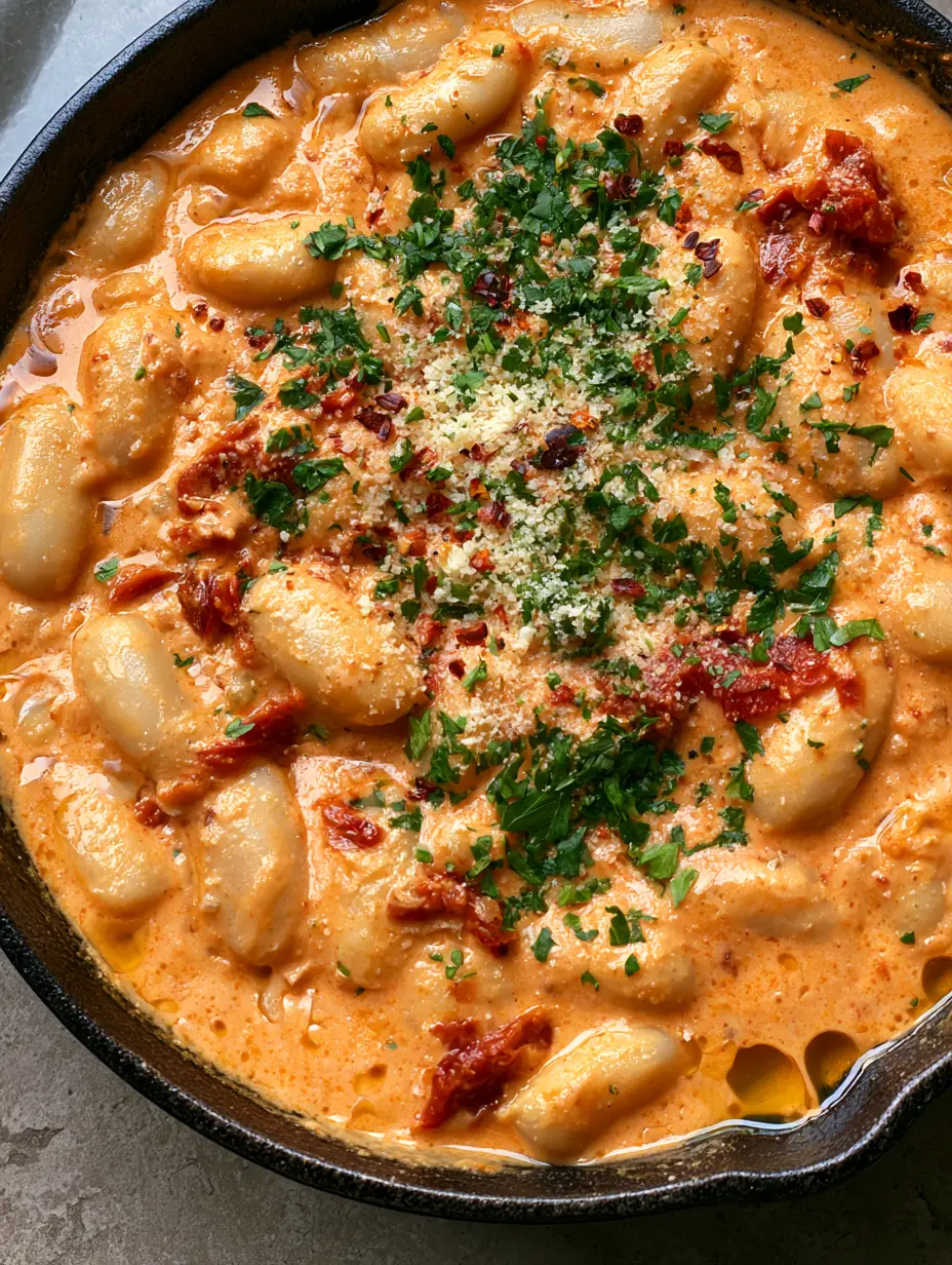 Marry Me White Beans: The Most Irresistible 20-Minute Creamy Tuscan Skillet 3 Close up of Marry Me White Beans showing the thick velvety orange-hued sauce and oil bubbles.