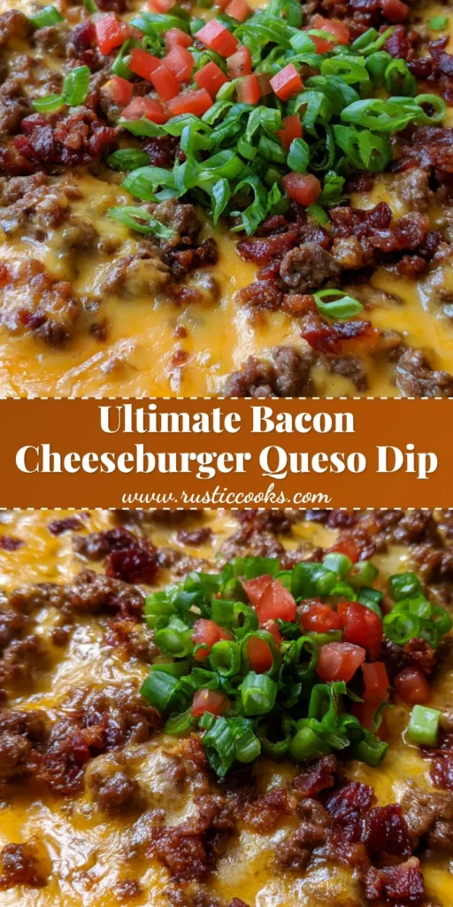 Bacon Cheeseburger Queso Dip: The Ultimate Skillet Appetizer 4 A close-up shot of a bubbling Bacon Cheeseburger Queso Dip in a cast iron skillet topped with bacon, tomatoes, and green onions.