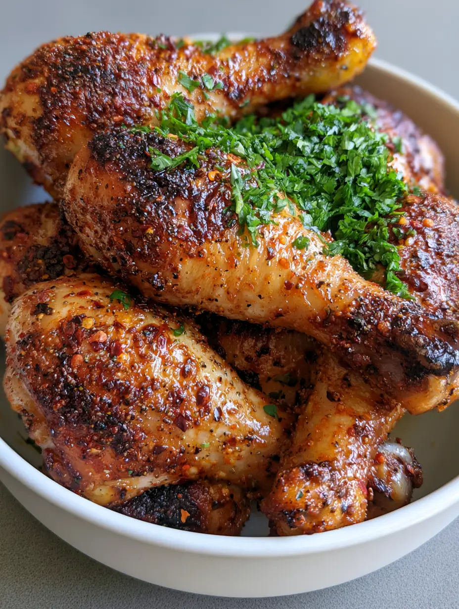 Oven-Baked Chicken Drumsticks with Mahogany Spice Glaze and Crispy Skin 3 Handheld photo of roasted chicken drumsticks with blistered skin and red pepper flakes in a white ceramic bowl. (Oven-Baked Chicken Drumsticks)