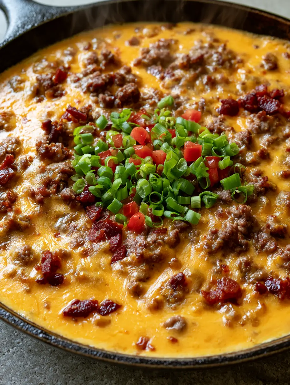Bacon Cheeseburger Queso Dip: The Ultimate Skillet Appetizer 3 High-angle shot of molten orange Bacon Cheeseburger Queso Dip featuring browned beef and crispy bacon garnish.