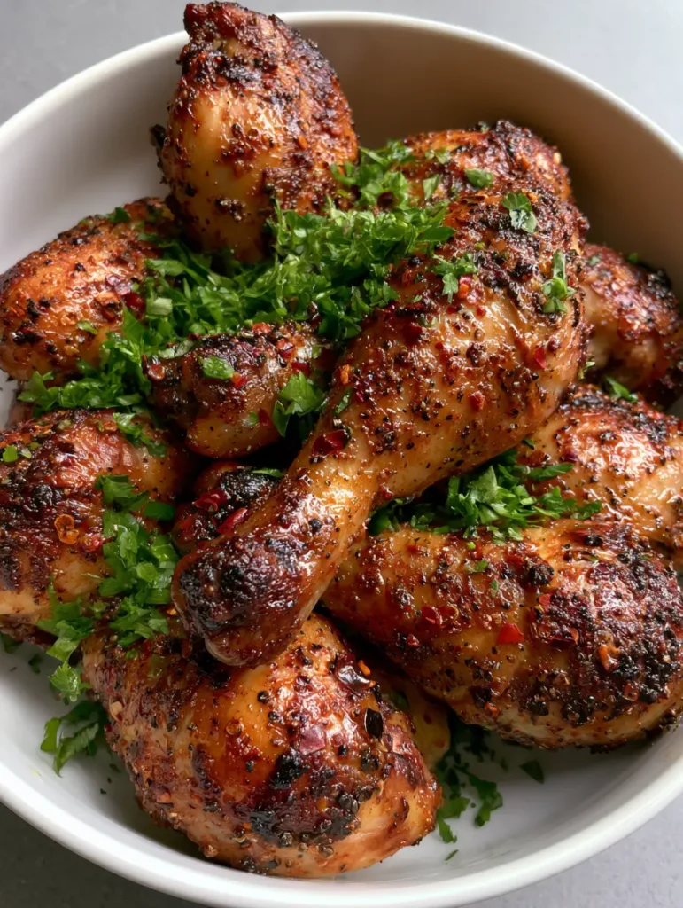 Oven-Baked Chicken Drumsticks with Mahogany Spice Glaze and Crispy Skin 1 Top-down view of glistening Oven-Baked Chicken Drumsticks with mahogany edges and fresh parsley garnish.