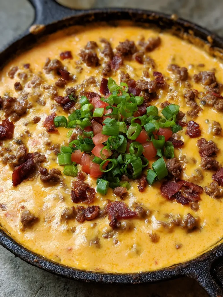 Bacon Cheeseburger Queso Dip: The Ultimate Skillet Appetizer 1 Detailed close-up of a rustic skillet filled with Bacon Cheeseburger Queso Dip on a grey stone countertop.