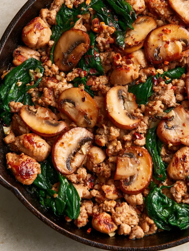 Ground Turkey Skillet with Sautéed Cremini Mushrooms and Wilted Spinach 2 Close-up of a Ground Turkey Skillet showing seared meat edges and dark green wilted spinach.