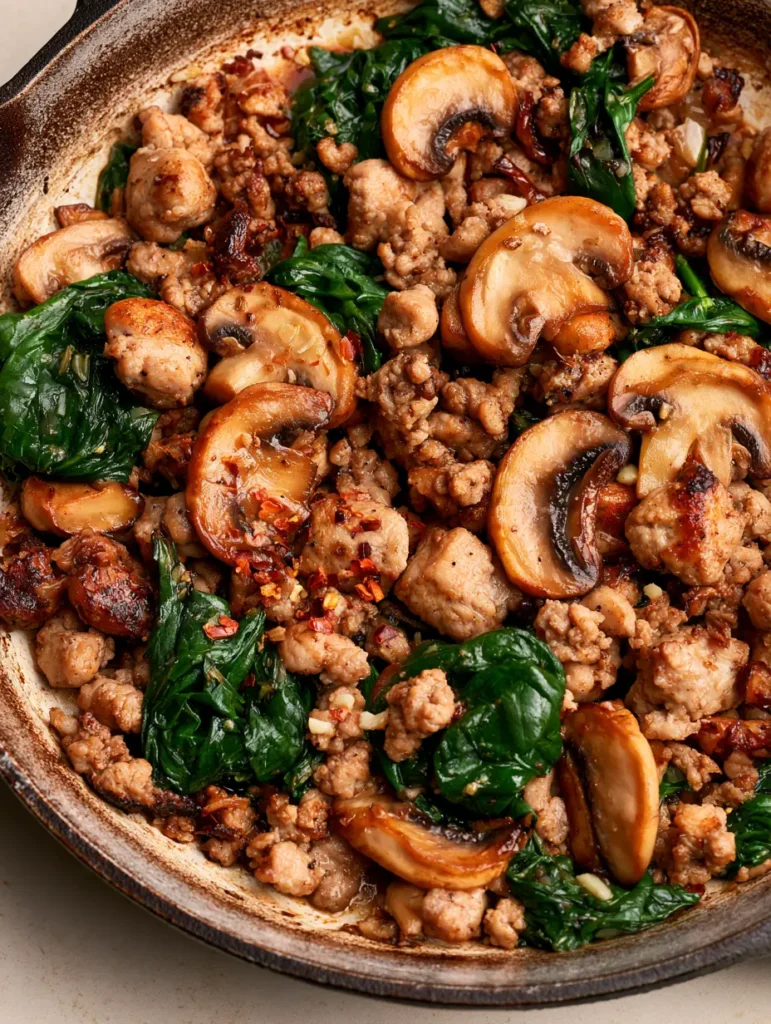 Ground Turkey Skillet with Sautéed Cremini Mushrooms and Wilted Spinach 1 Top-down view of a Ground Turkey Skillet with cremini mushrooms and red pepper flakes.