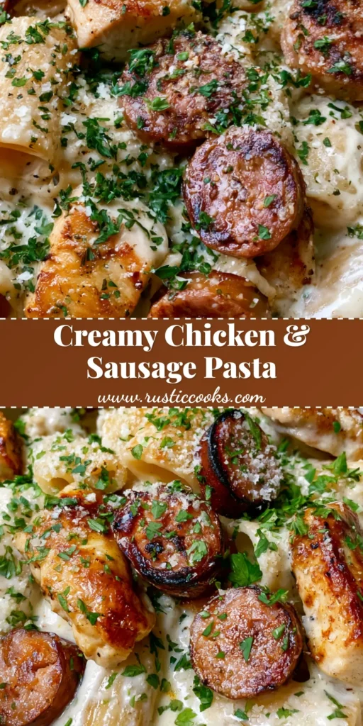 Creamy Chicken and Sausage Pasta with Seared Chicken and Charred Smoked Sausage 4 A deep ceramic bowl filled with Creamy Chicken and Sausage Pasta featuring rigatoni, golden chicken, and charred sausage garnished with parsley.