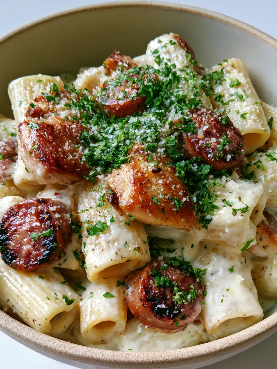 Creamy Chicken and Sausage Pasta with Seared Chicken and Charred Smoked Sausage 3 Top-down view of Creamy Chicken and Sausage Pasta showing the glossy white cream sauce and golden-brown seared chicken breast.