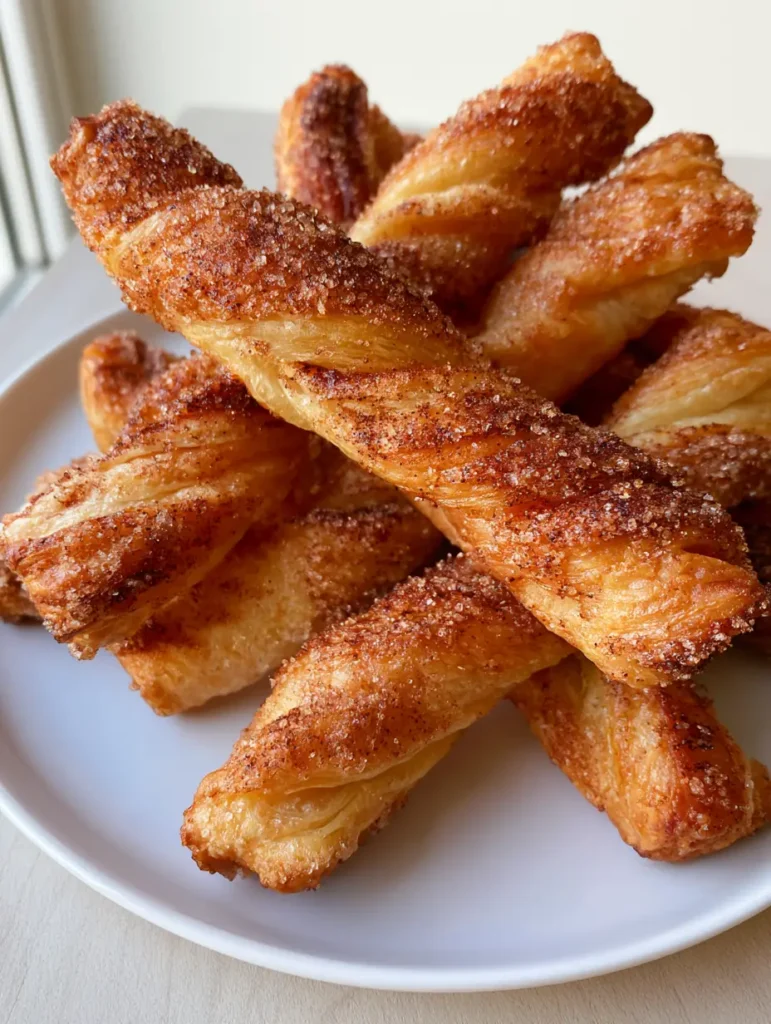 Close-up of Cinnamon Twists showing visible thin pastry layers and crispy caramelized sugar edges.
