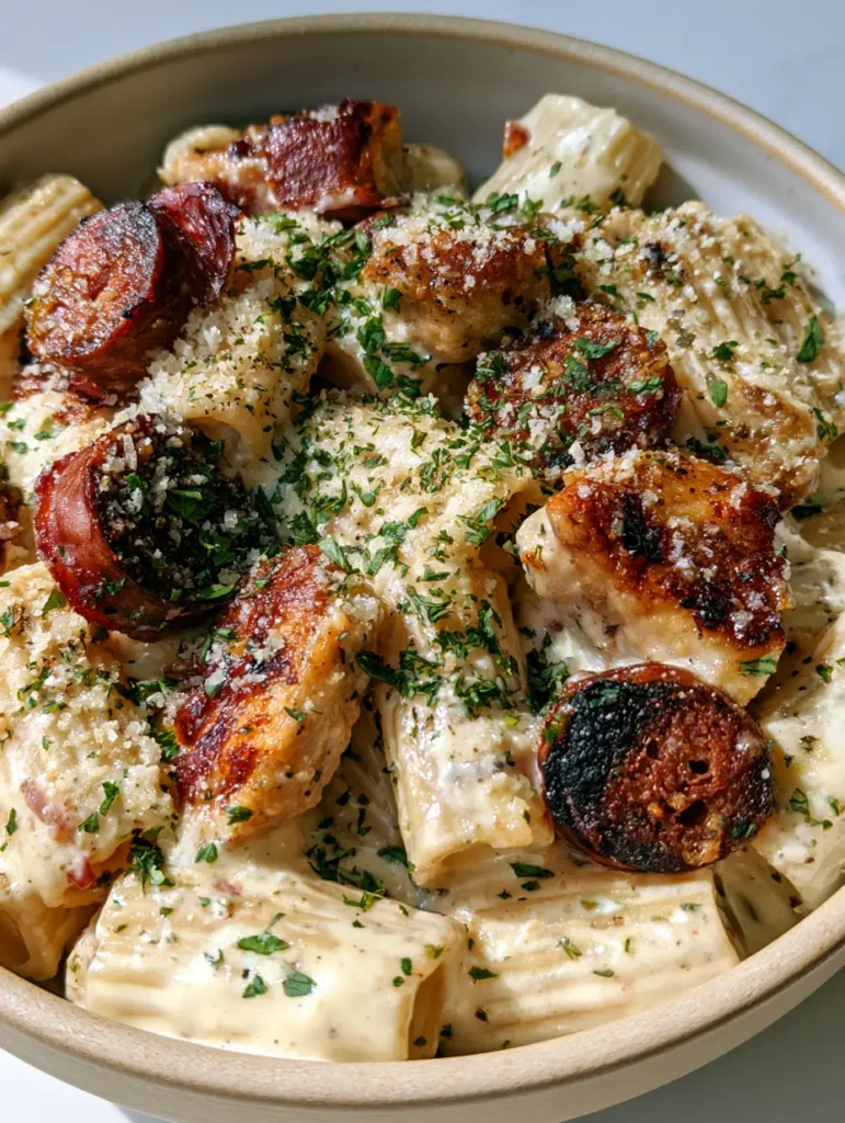 Creamy Chicken and Sausage Pasta with Seared Chicken and Charred Smoked Sausage 1 Close-up of charred smoked sausage rounds mixed with creamy rigatoni and fresh parsley in a ceramic bowl.