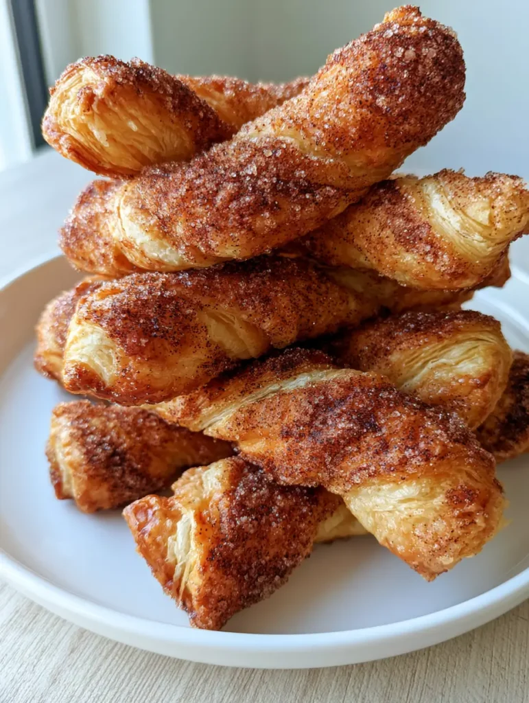 Cinnamon Twists: The Ultimate Crispy Puff Pastry Dessert Guide 1 Golden-brown Cinnamon Twists with dark cinnamon coating on a white plate atop a light wood surface.
