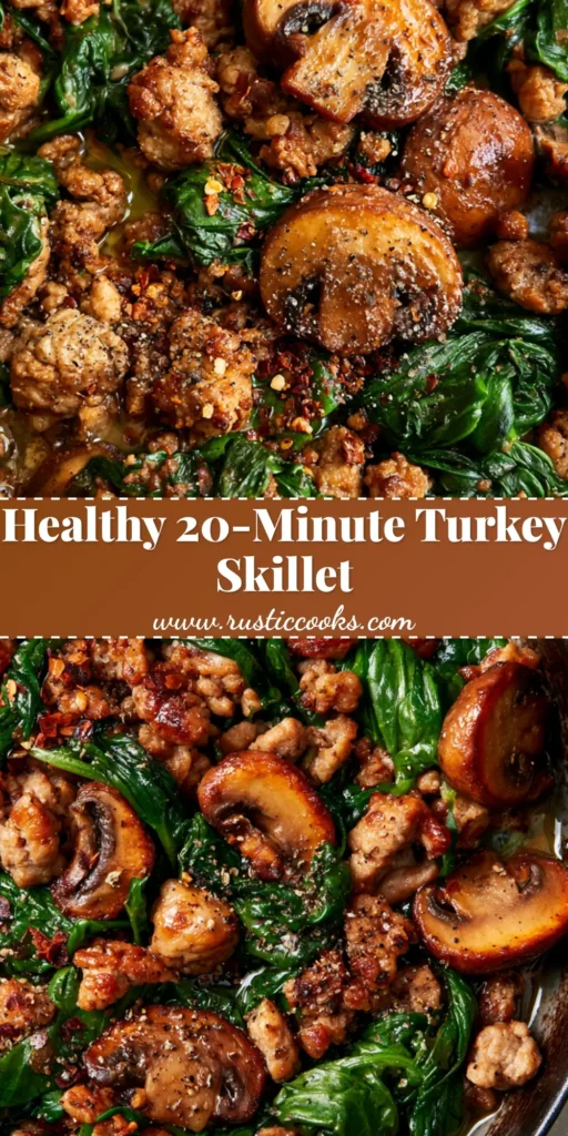 A top-down close-up of a Turkey Spinach Mushroom Skillet in a black pan with browned turkey, dark green spinach, and seared mushrooms.