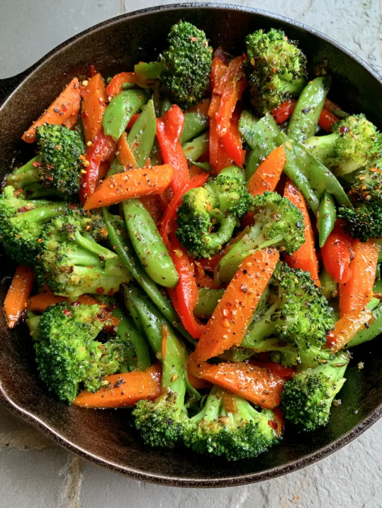 Sautéed Vegetables Recipe: The Ultimate Cast Iron Skillet Medley 1 Top-down view of red bell pepper strips and snap peas sautéed to perfection.