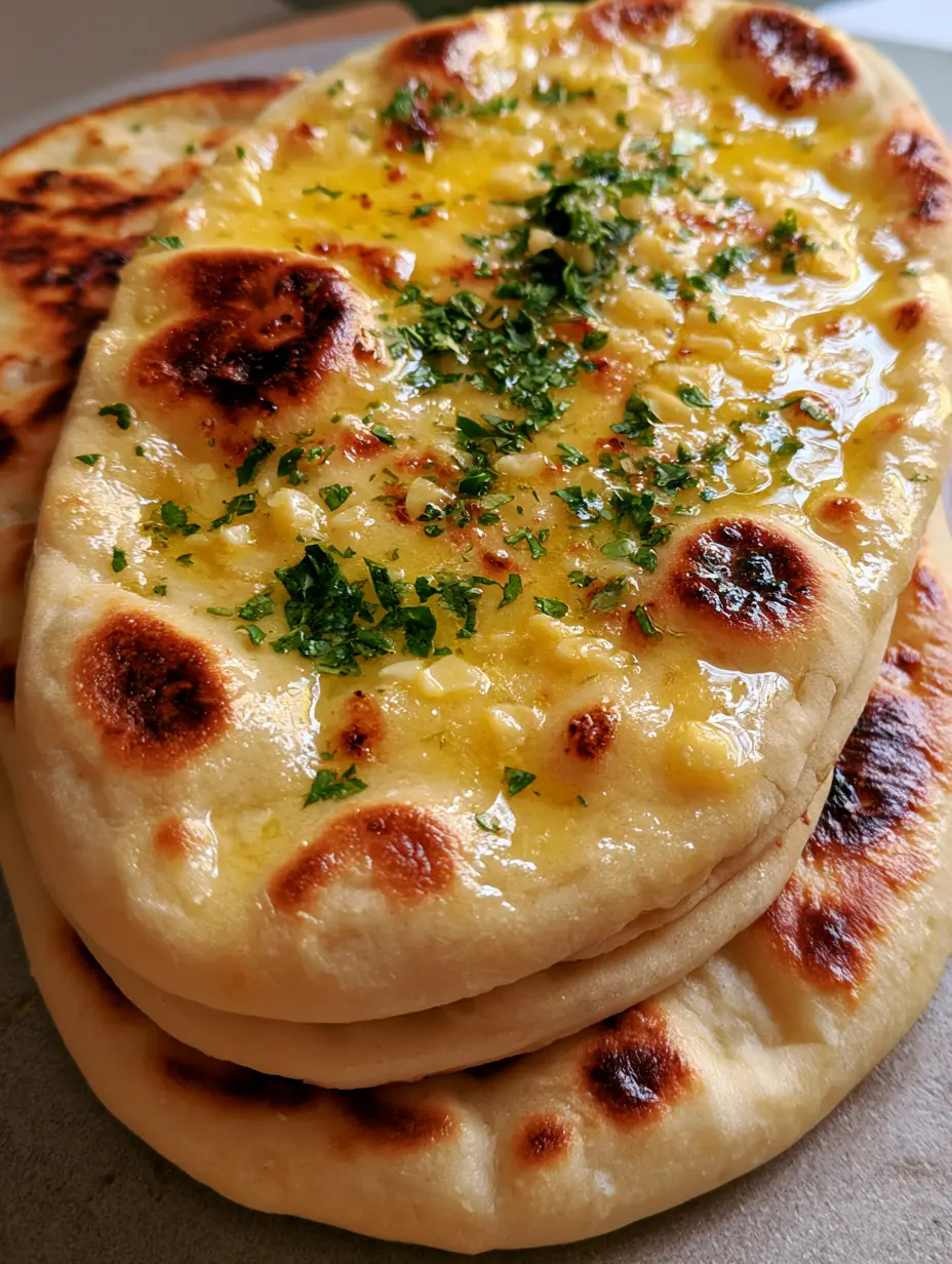 Garlic Naan Bread Recipe: Soft, Bubbly, and Better Than Takeout 3 Close up of a Garlic Naan Bread Recipe showing soft leavened texture and minced garlic bits in butter. (Garlic Naan Bread Recipe)