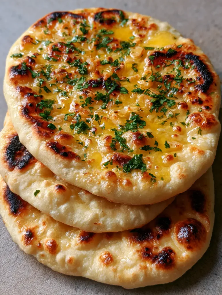 Garlic Naan Bread Recipe: Soft, Bubbly, and Better Than Takeout 1 Oval shaped garlic naan resting on stone surface with visible green cilantro flakes.