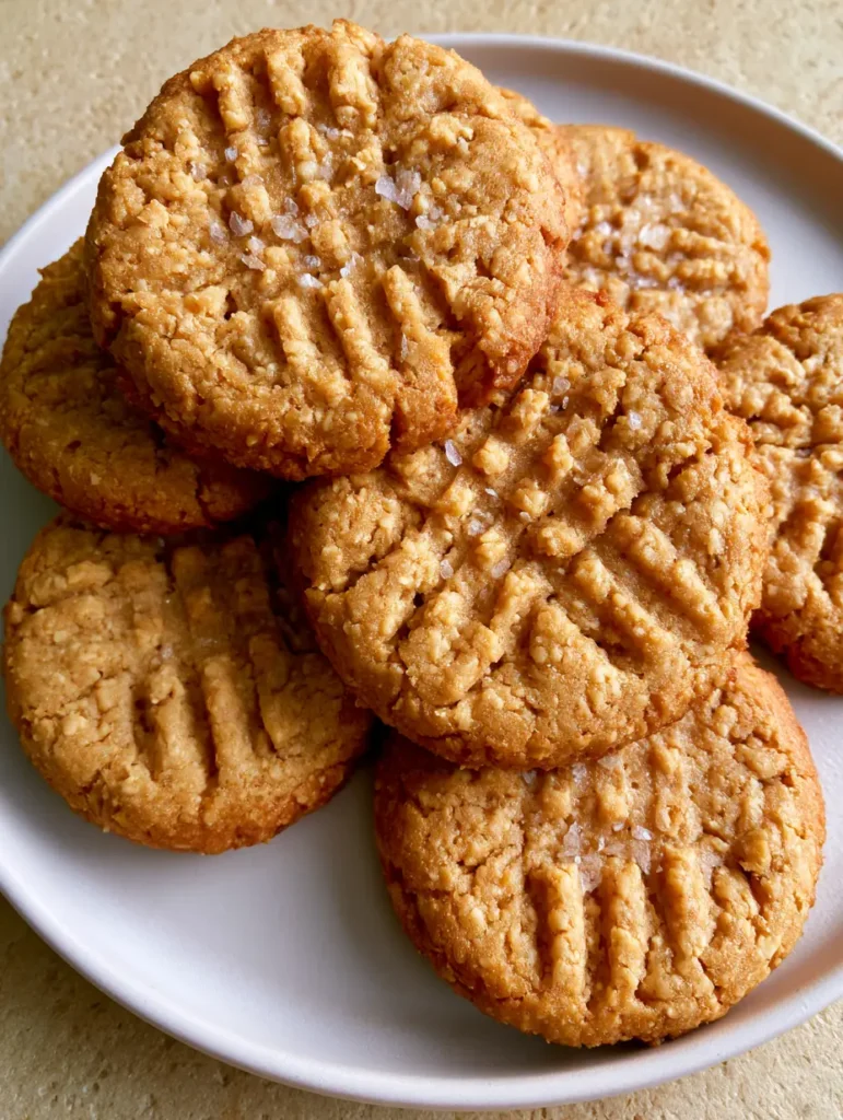 Close-up of golden-brown Oat Flour Peanut Butter Cookies showing the texture of fine oat grains and coarse salt.