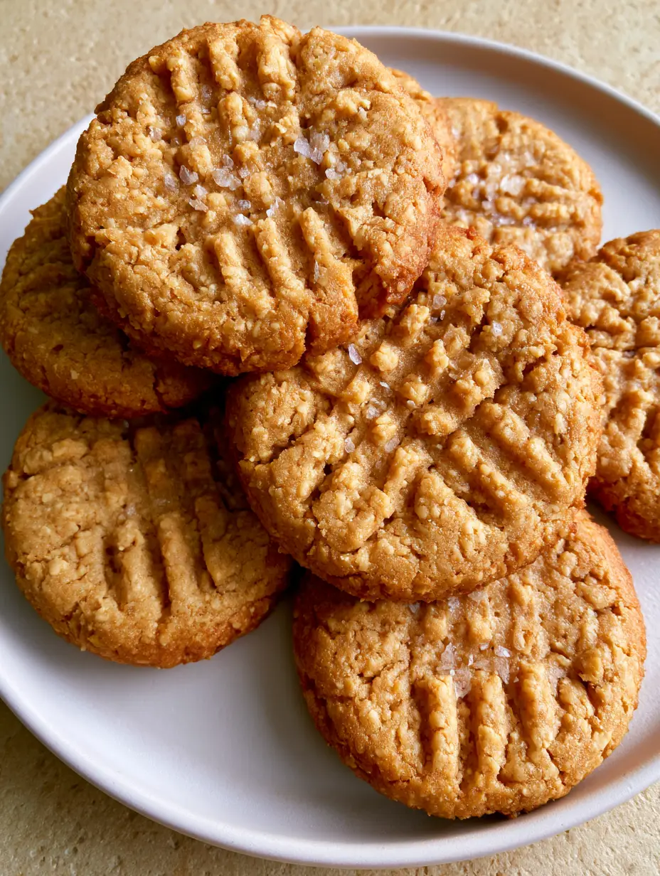 Oat Flour Peanut Butter Cookies: Thick, Soft, and Salt-Kissed 3 Close-up of golden-brown Oat Flour Peanut Butter Cookies showing the texture of fine oat grains and coarse salt.