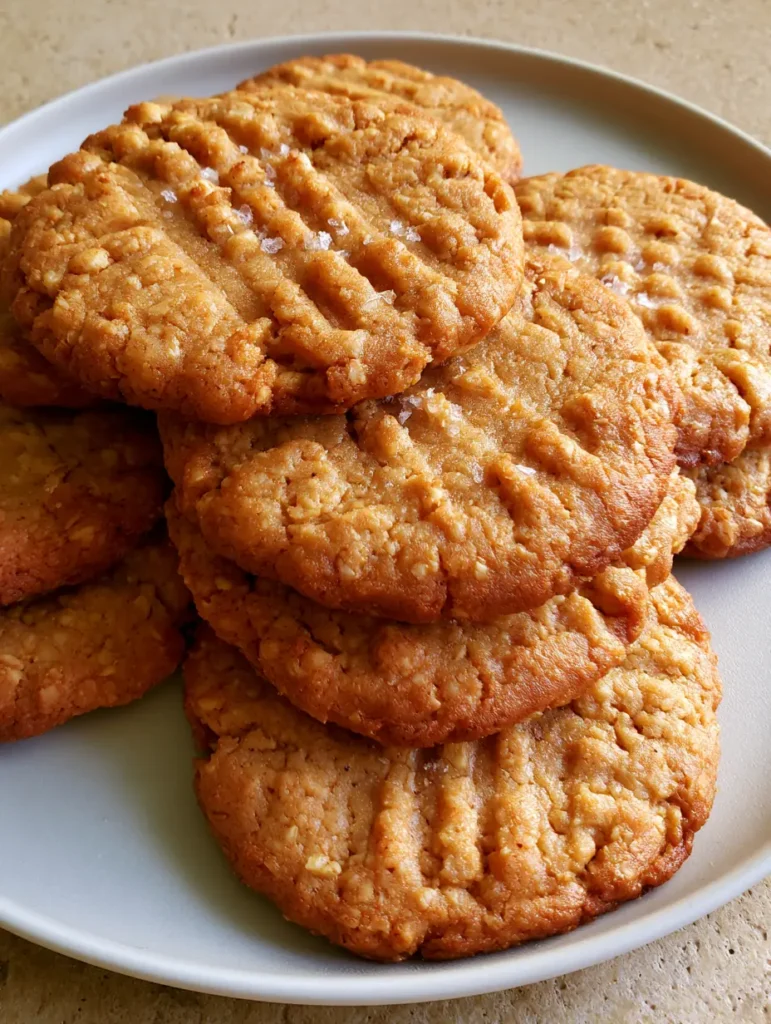 Oat Flour Peanut Butter Cookies: Thick, Soft, and Salt-Kissed 1 A stack of peanut butter cookies on a minimalist matte white plate with a neutral beige background.